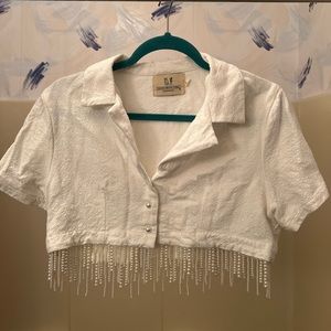 fashion brand company super cropped pearl trim button down shirt